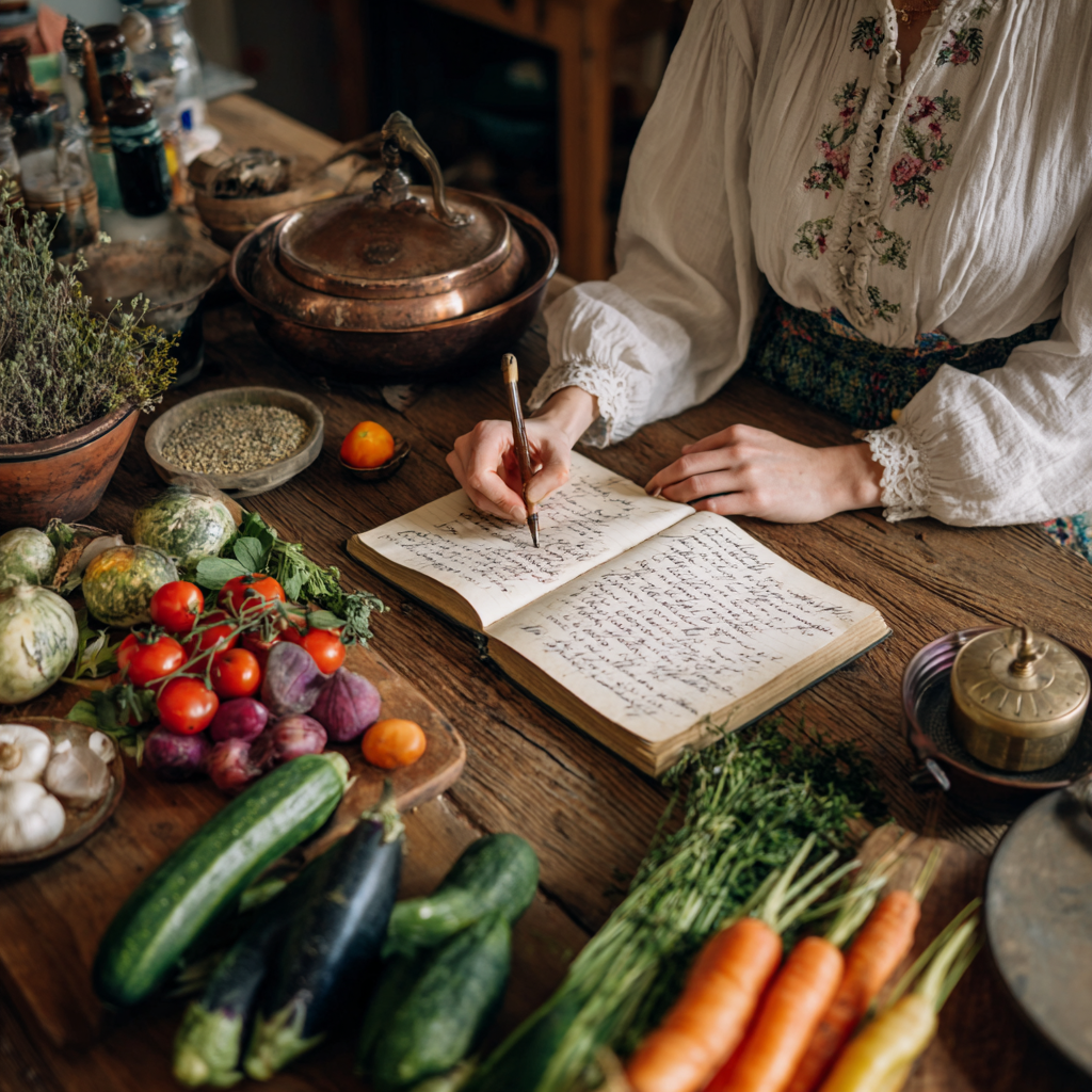 Hungarian nutritionist explaining meal planning methods to a diverse group of adults using traditional Hungarian seasonal ingredients